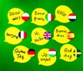 Learning foreign languages Ã¢â¬â¹Ã¢â¬â¹courses. Phrase greetings in different languages. Flags of the countries of the studied languages Royalty Free Stock Photo